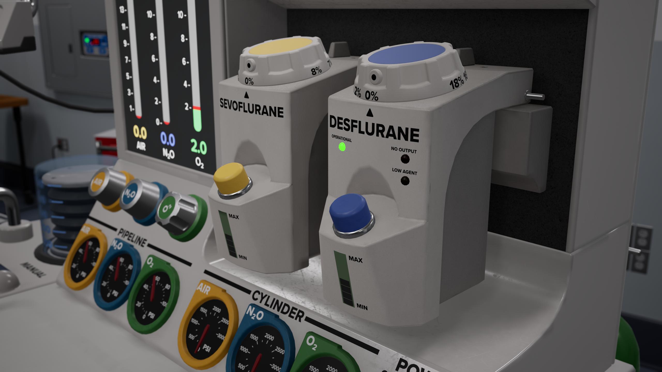 A close up of the flowmeter dials of the anesthesia machine