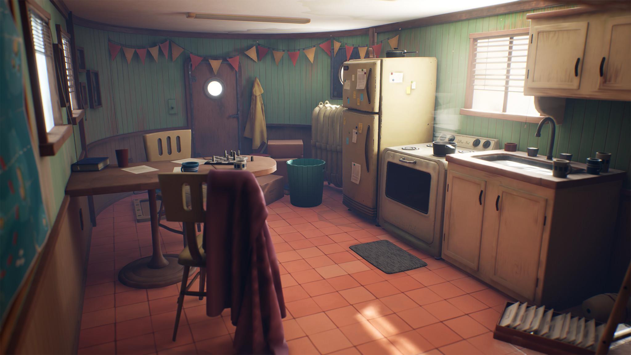 A render of a stylized tugboat interior kitchen