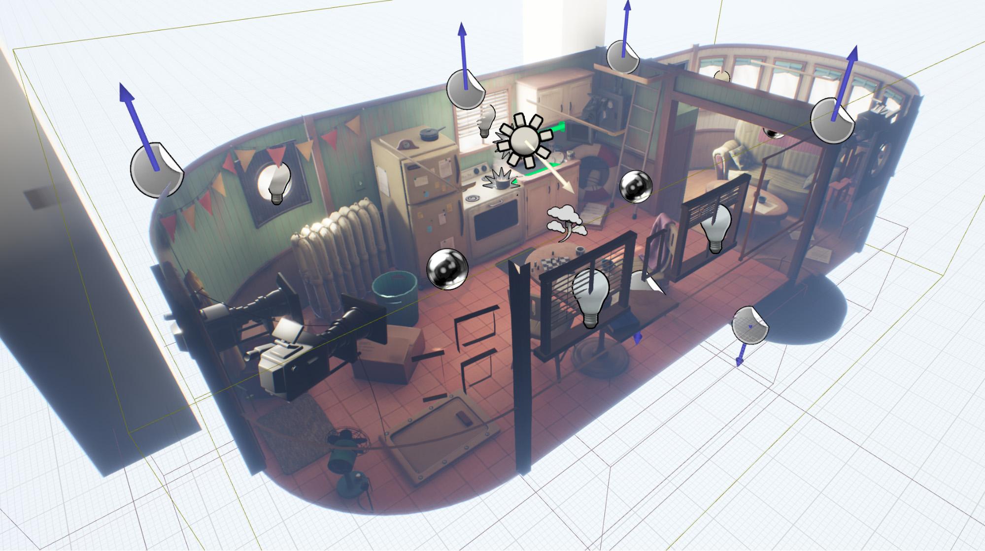 Screenshot of overhead view of stylized tugboat interior