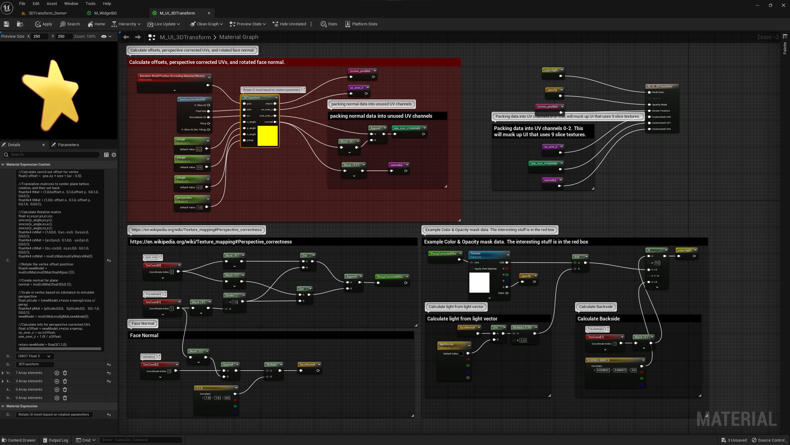 Material network of 3d widget transform